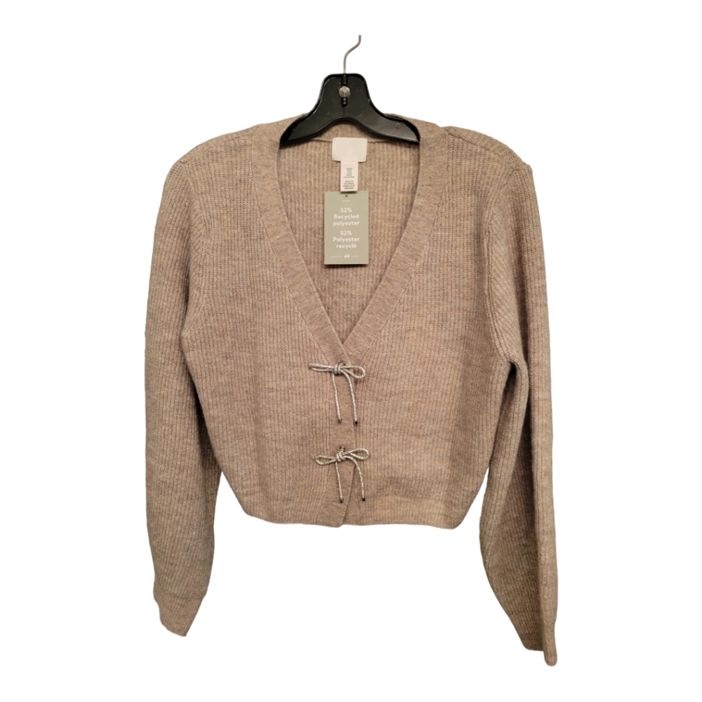 Rhinestone Bow Rib Knit Cardigan